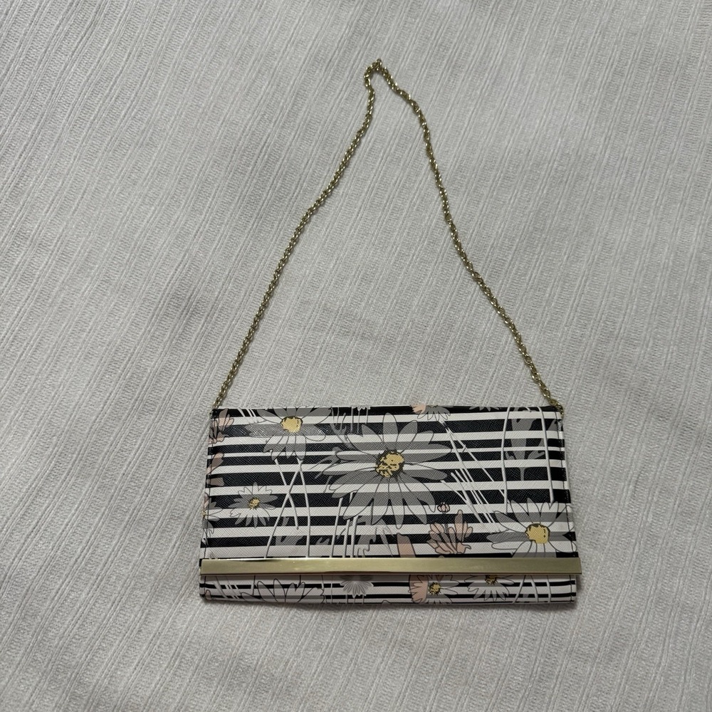 Jessica McClintock Floral Stripe Wallet On Chain‎ Clutch Purse Black White Pink